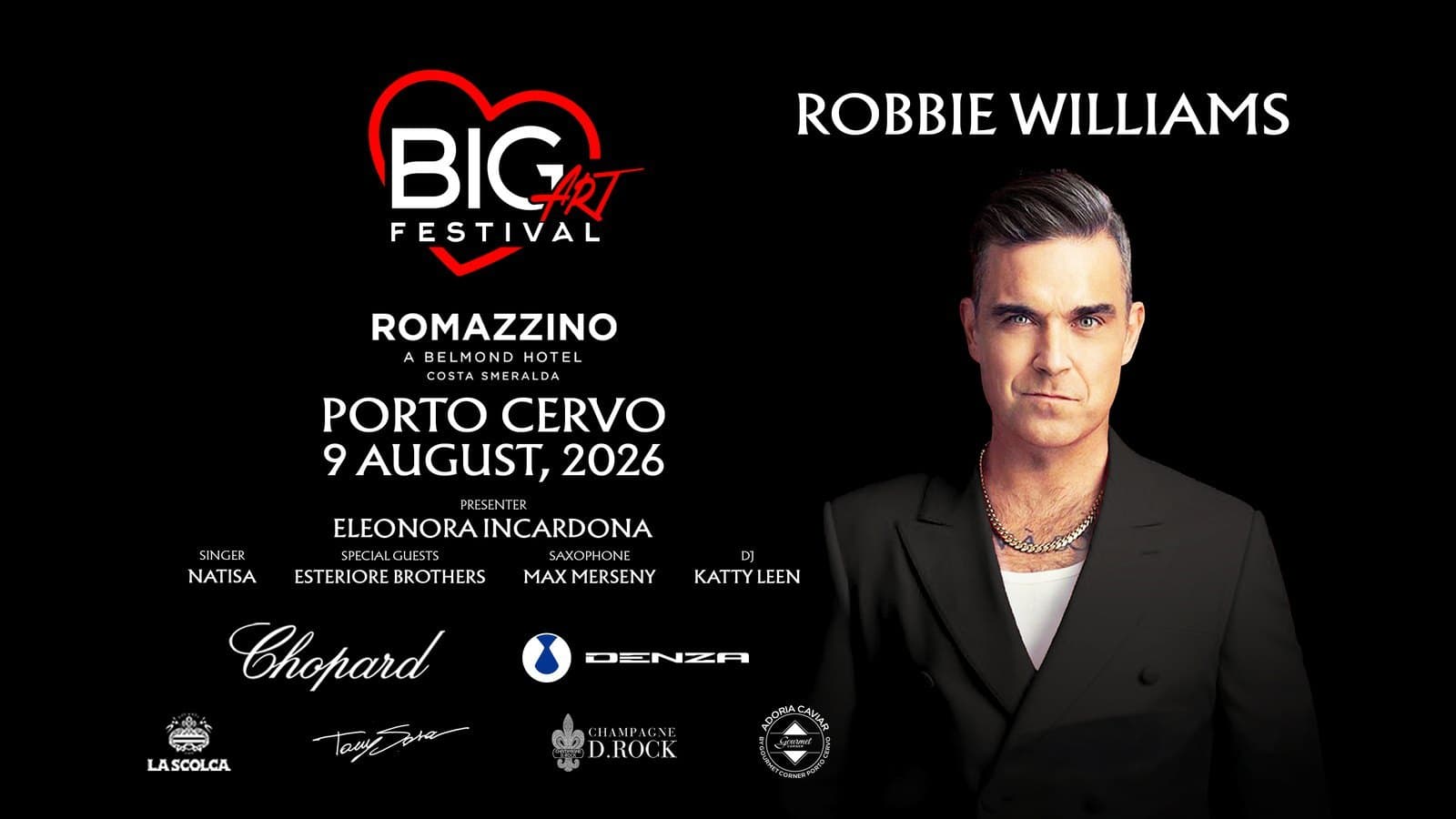 Big Art Festival poster for the Robbie Williams evening at Romazzino, Porto Cervo, on 9 August 2026.