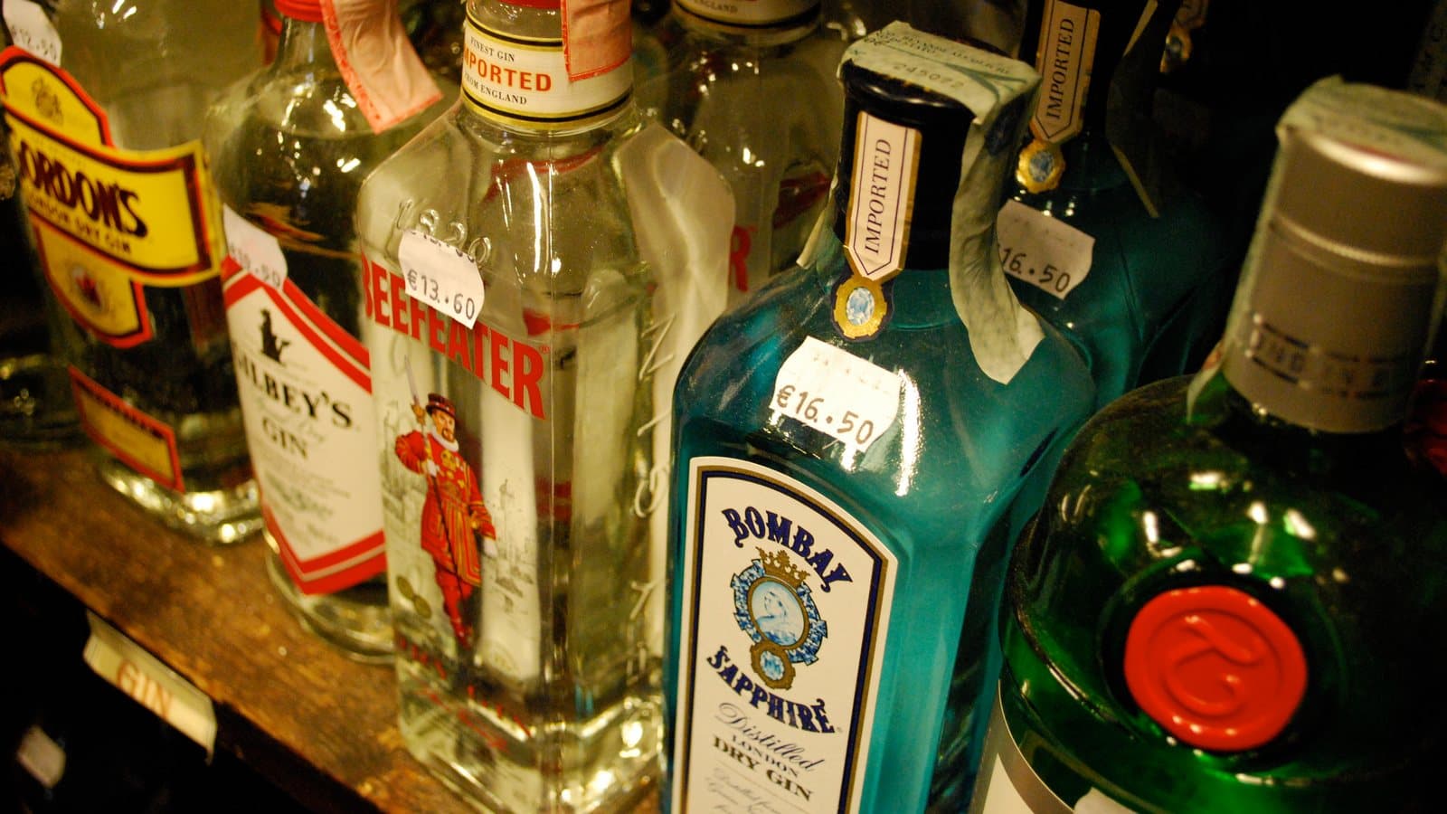Assorted gin bottles on a store shelf. File photograph.