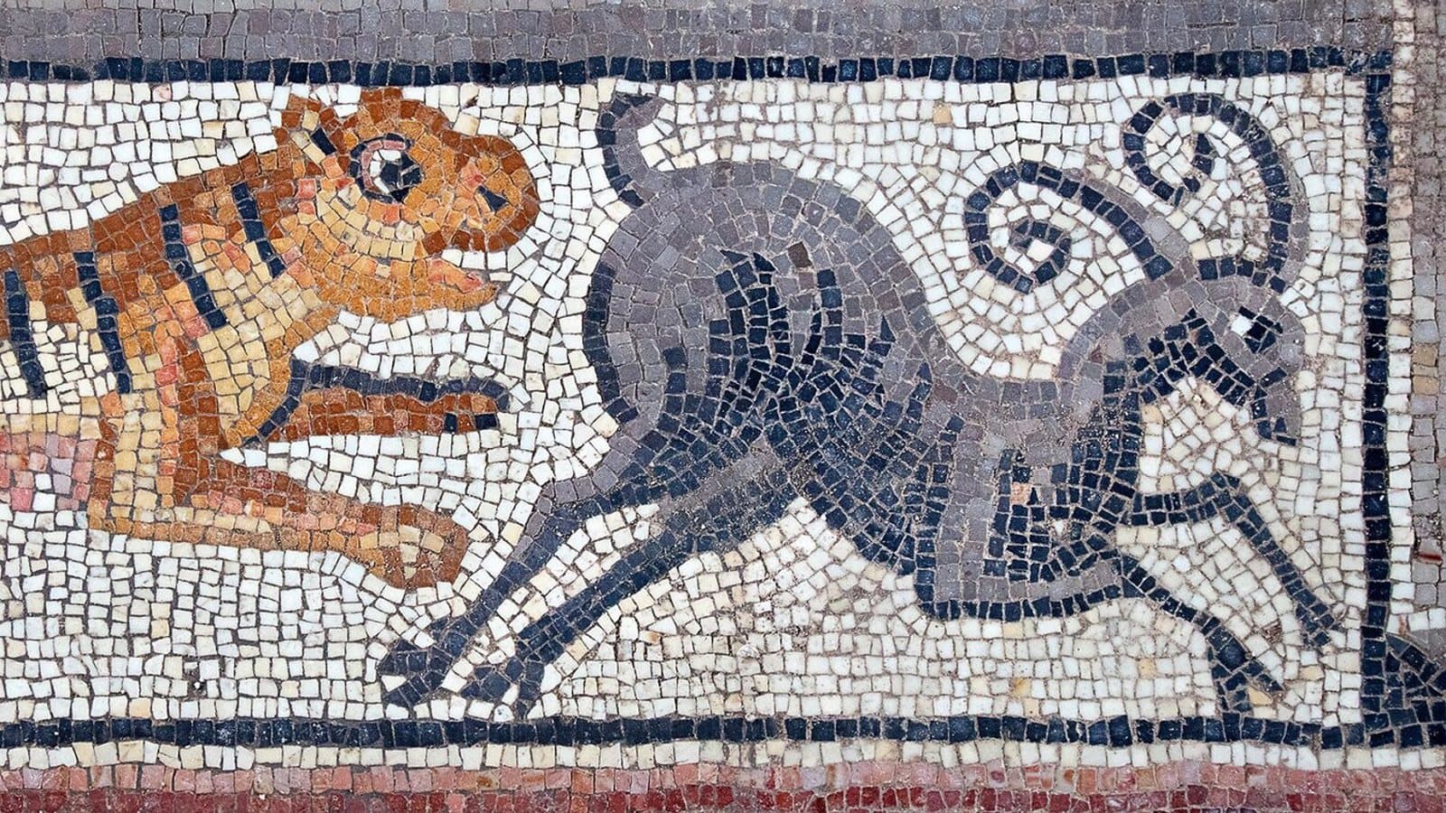 Huqoq synagogue mosaic of tiger chasing Nubian ibex. File photograph.