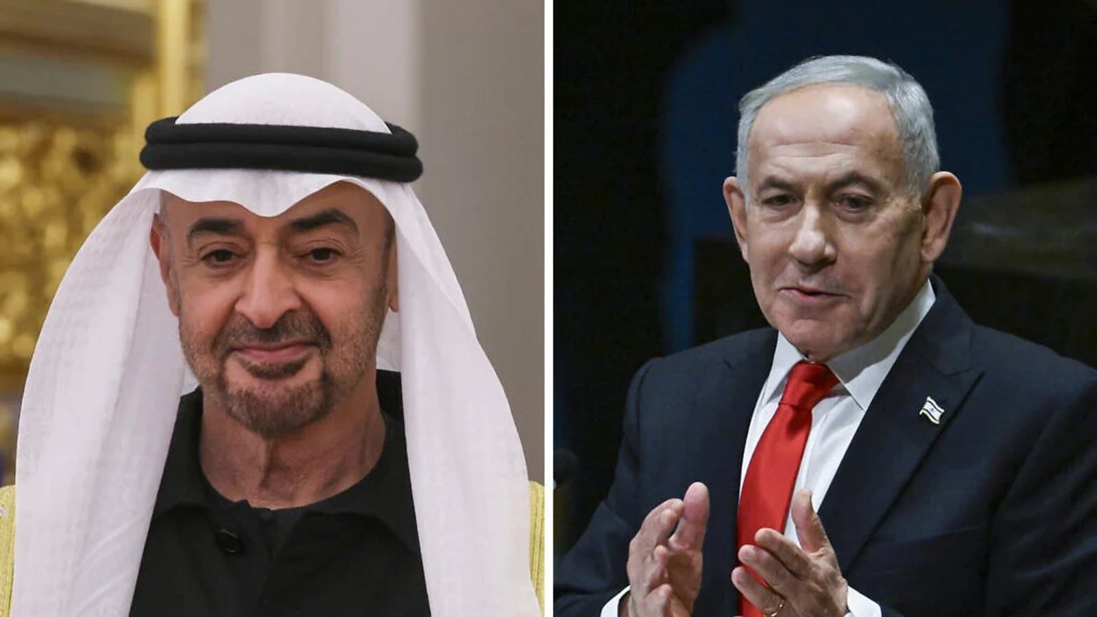 Split image of UAE President Mohamed bin Zayed and Prime Minister Benjamin Netanyahu.