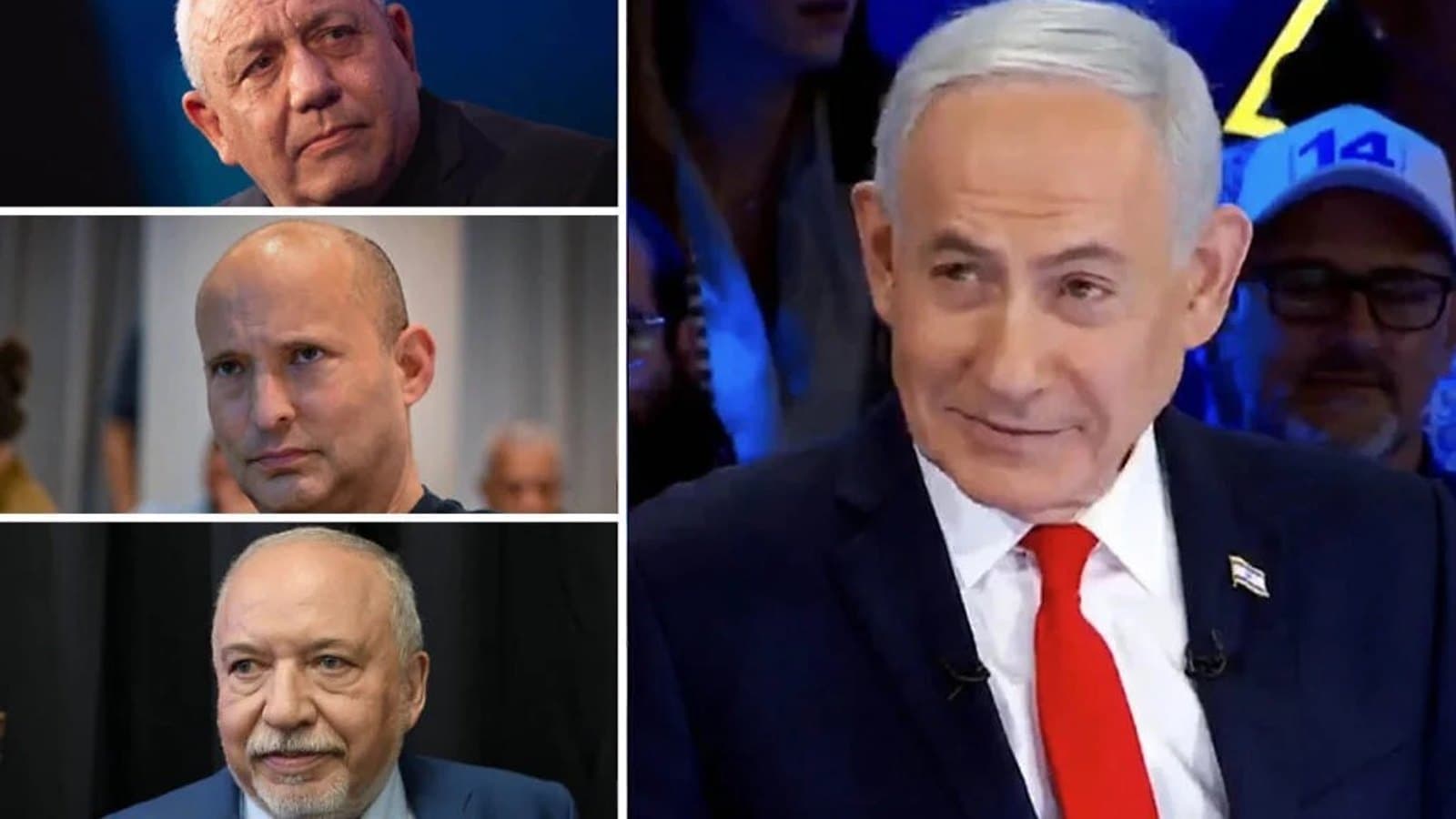 Three Israeli opposition leaders in individual portraits beside a larger photograph of Prime Minister Netanyahu smiling at a campaign event. תצלום ארכיון.