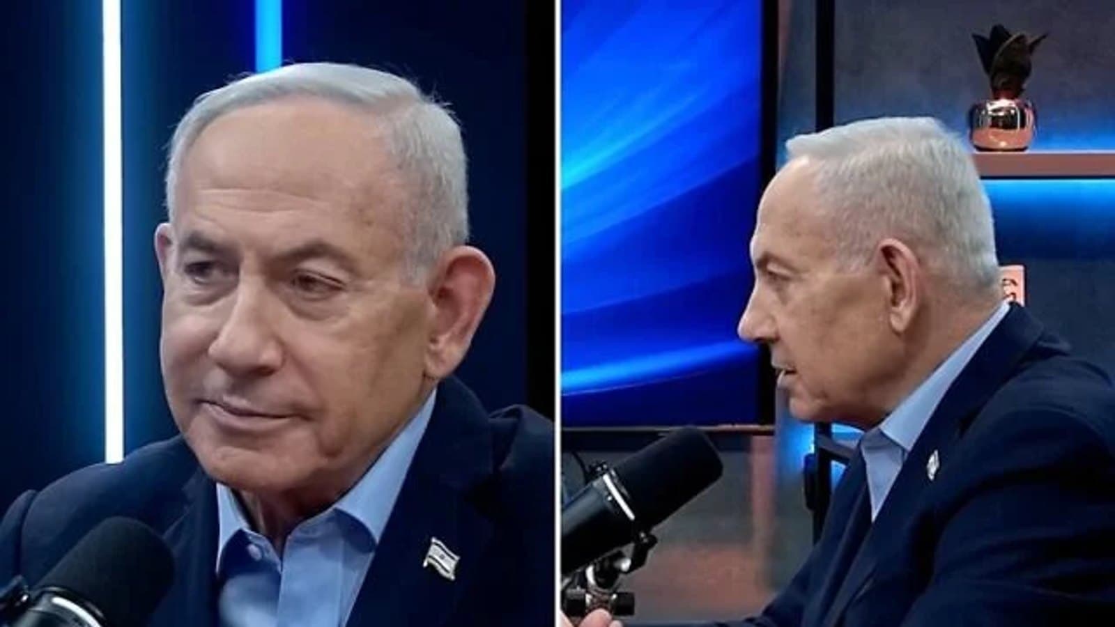 Split screen shots of Benjamin Netanyahu speaking into a microphone during a podcast interview.