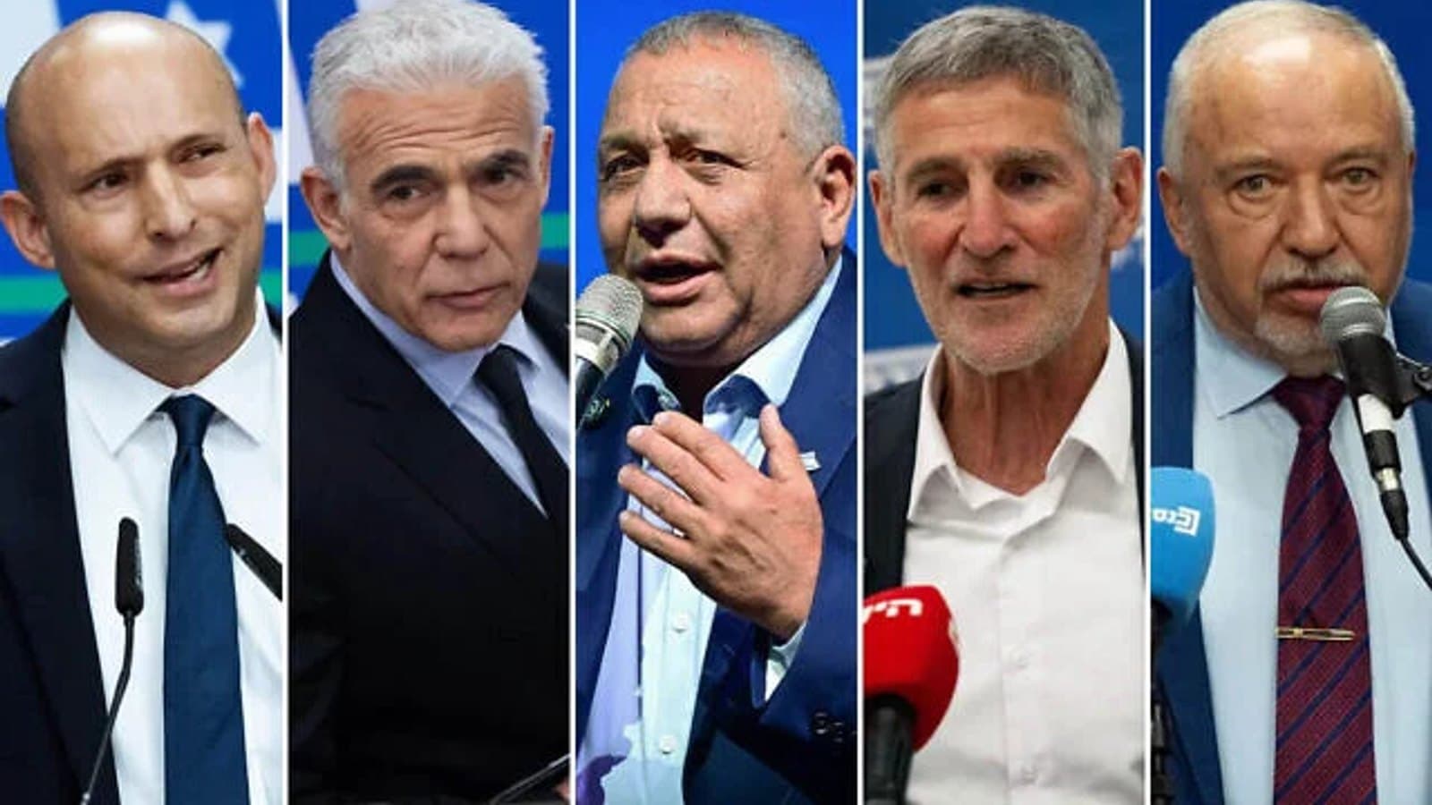 Composite photograph of Naftali Bennett, Yair Lapid, Gadi Eisenkot, Yair Golan and Avigdor Liberman speaking at podiums. תצלום ארכיון.