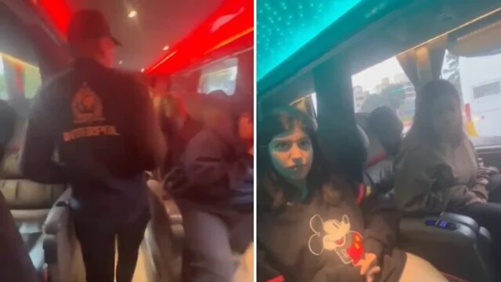 Split screen shots from a video showing an Interpol officer walking the aisle of a bus and passengers inside it in Argentina, where Mali and Liel Yahalomi were found.